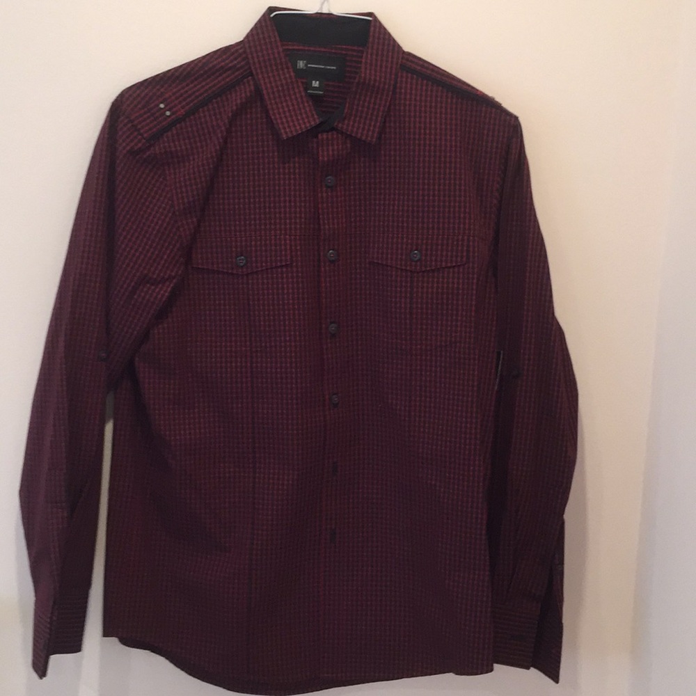 INC New Buttoned Shirt in Maroon and Black Medium